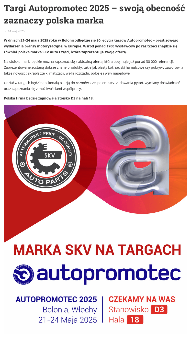 Post image SKV - Polish automotive parts brand at Autopromotec 2025!